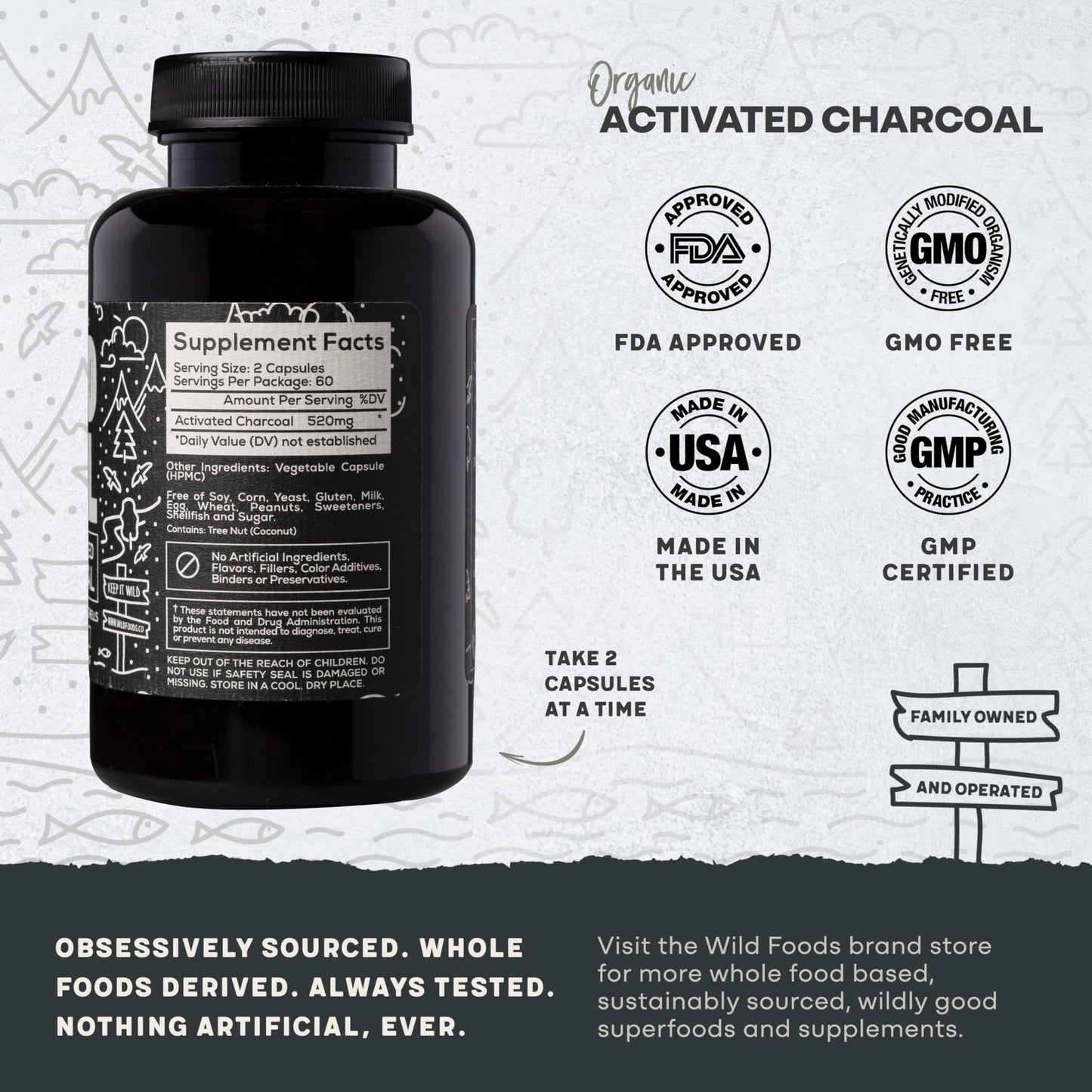 Wild Foods Activated Charcoal Capsules | 100% Organic Coconut Shells Active Tablets for Bloating & Hangover | Lab Tested & Non-GMO Detox Pills | Made in USA (120 Capsules)