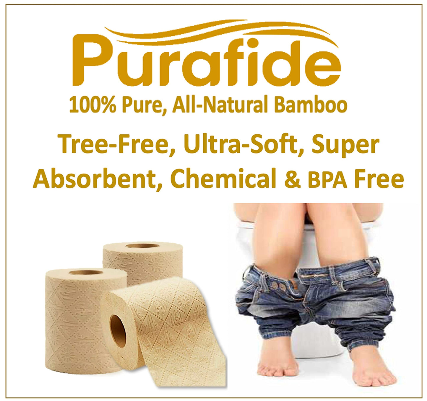 100% Bamboo, thick 3-ply toilet paper, tree-tree, unbleached, all natural, no chemicals 300 sheets per roll.