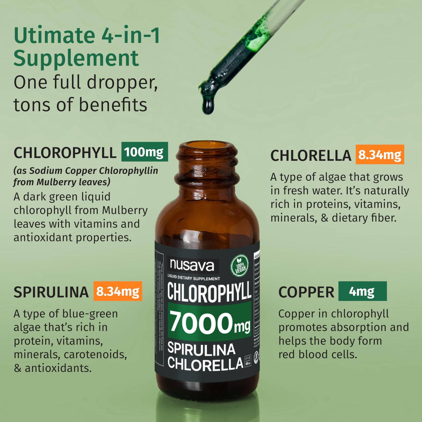 (2 Pack) Vegan Chlorophyll Liquid Drops 7000mg for Immune Support, Energy, Gut & Skin Health, 4-in-1 Liquid Chlorophyll Drops - 100mg, Spirulina, Chlorella, & Copper - Internal Deodorant, 4 Fl Oz Not Available in UK 🇬🇧