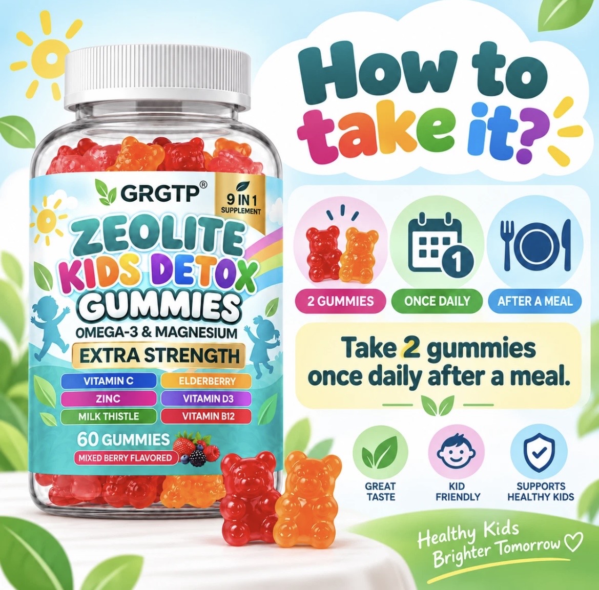 Zeolite Kids Detox Gummies - With Vitamin C+Zinc+D3+B12, Immune & Brain Support