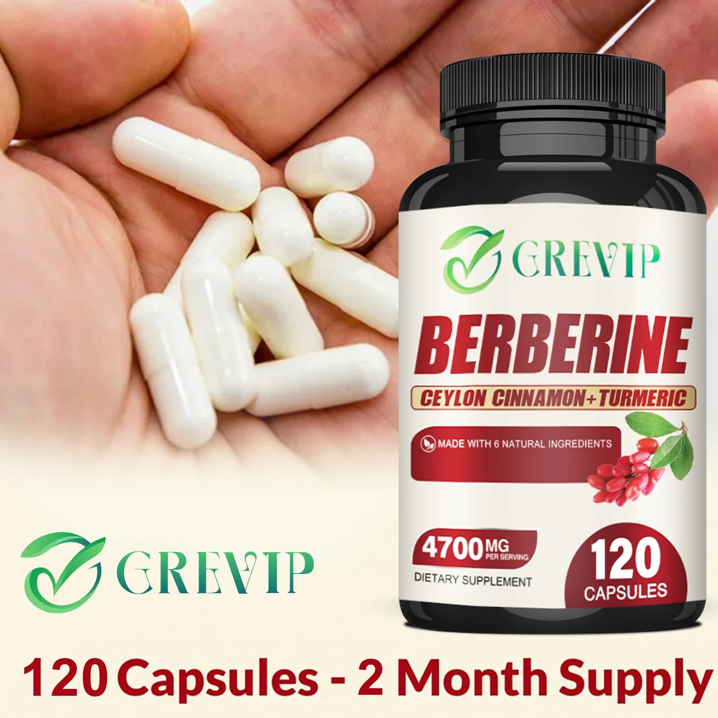 Berberine - with Ceylon Cinnamon - Cardiovascular and Digestive Health, Antioxidant - 120 Capsules