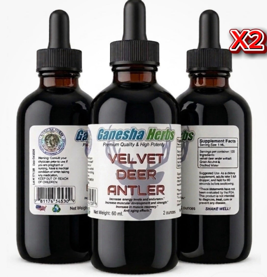 VELVET DEER ANTLER MAXIMUM STRENGTH INCREASES LEVELS OF SEXUAL HORMONES  LIBIDO, INCREASES ENERGY REDUCES BLOOD PRESSURE, MUSCULAR DEVELOPMENT INCREASES STAMINA & STRENGTH.