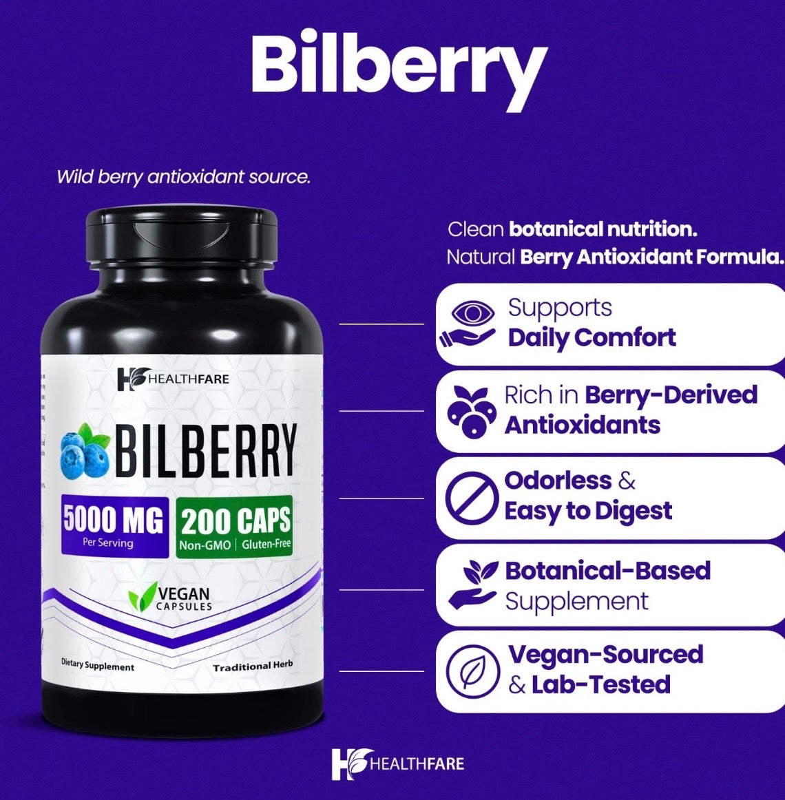 Bilberry Extract Supplement - 1200MG, Relieves Eye Fatigue, Supports Vision Health, Antioxidant