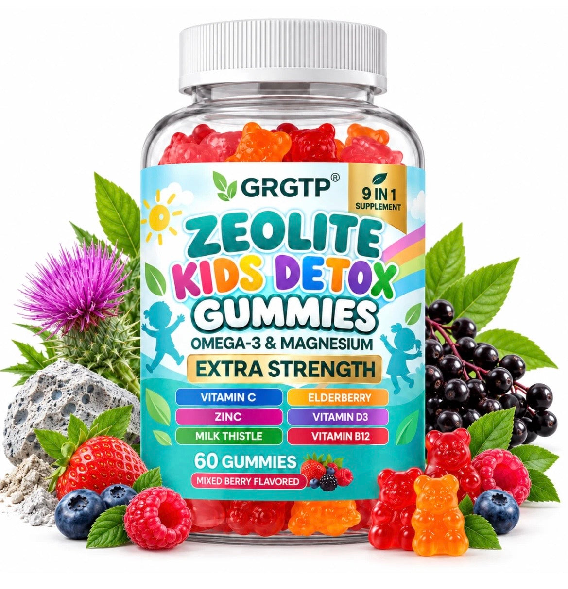 Zeolite Kids Detox Gummies - With Vitamin C+Zinc+D3+B12, Immune & Brain Support