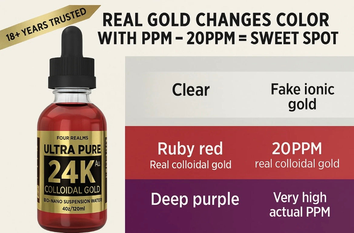 COLLOIDAL GOLD 24K Liquid Gold ORMUS MONATOMIC FourRealms MONATOMIC GOLD LIQUID DNA REGENERATION