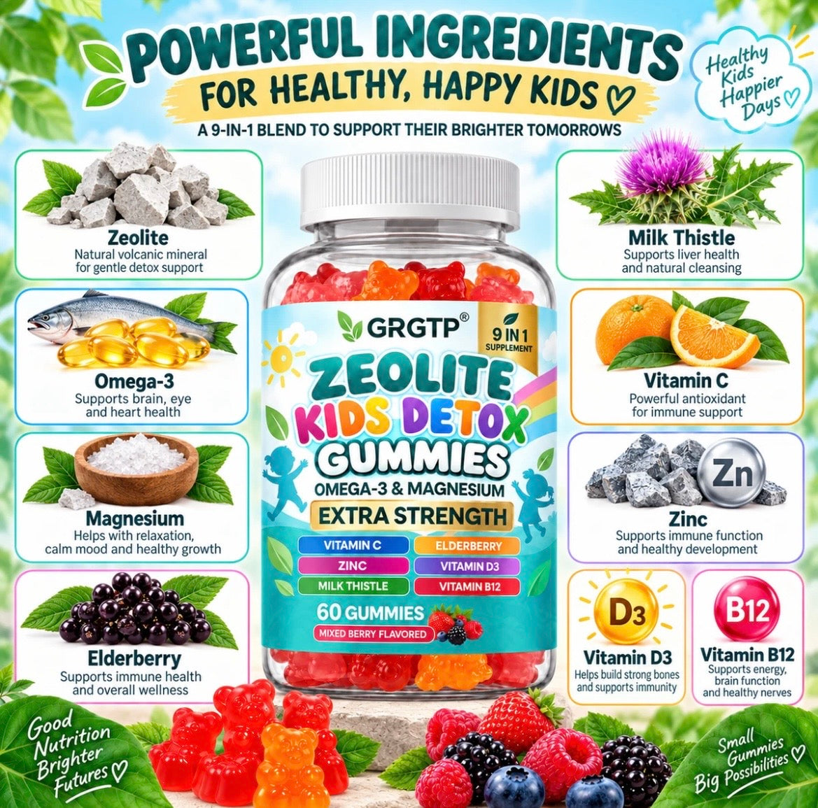 Zeolite Kids Detox Gummies - With Vitamin C+Zinc+D3+B12, Immune & Brain Support
