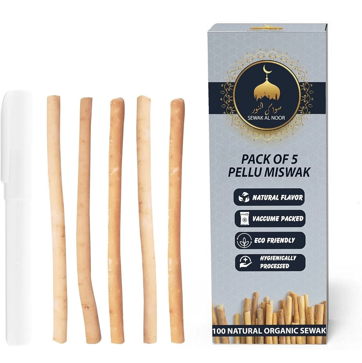 Pack of 5 Miswak Sticks for Teeth with 1 Holder - Vacuum Sealed Natural Flavored