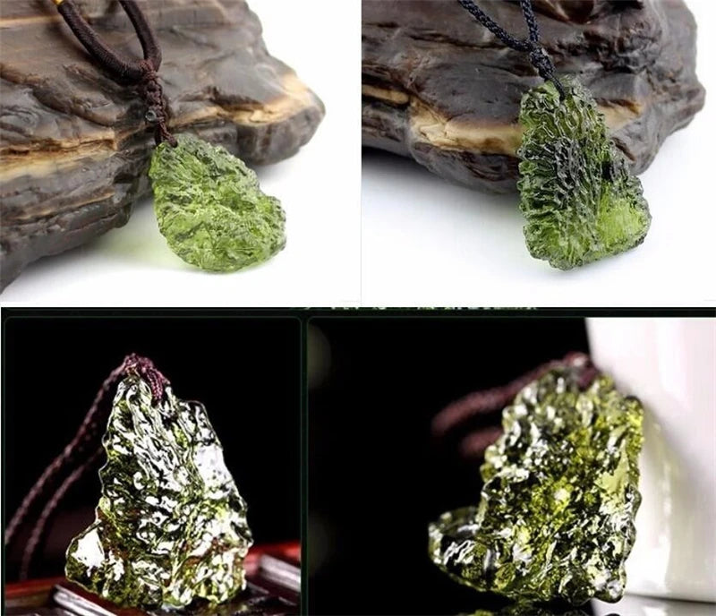 Natural Moldavite Meteorite Crystal Green Aerolites Mineral Powerful Energy Rope Necklace.