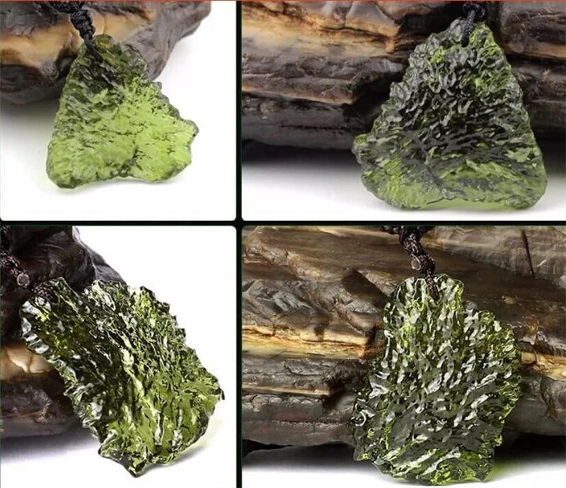 Natural Moldavite Meteorite Crystal Green Aerolites Mineral Powerful Energy Rope Necklace.