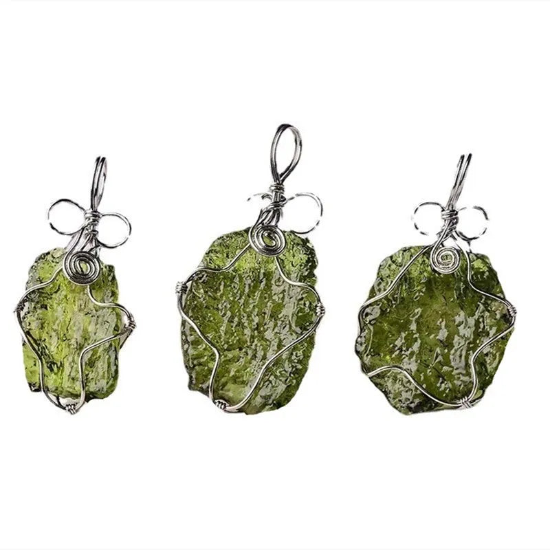 Green Moldavite Czech Meteorite Impact Crystal Rough Cut With Copper Wire Weaving.