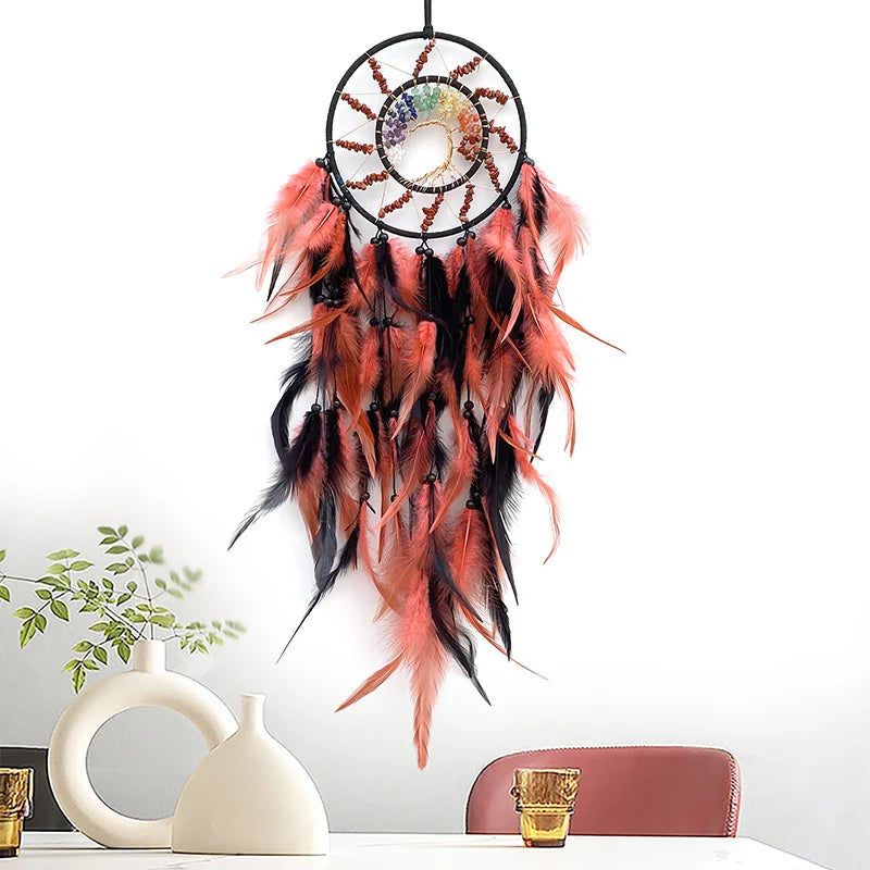 Chakra Dream Catcher Tree Of Life Crystal Hand Woven Feathers Wind Chimes Wall Hangings Spiritual Protection Connection to Ancestral Plane.
