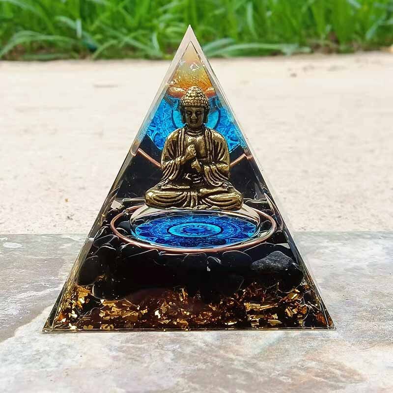 Handmade Blue Turquoise Buddha Orgone Pyramid Crystal Healing Orgonite 60mm Obsidian Rubble Pyramid Include Gift Box