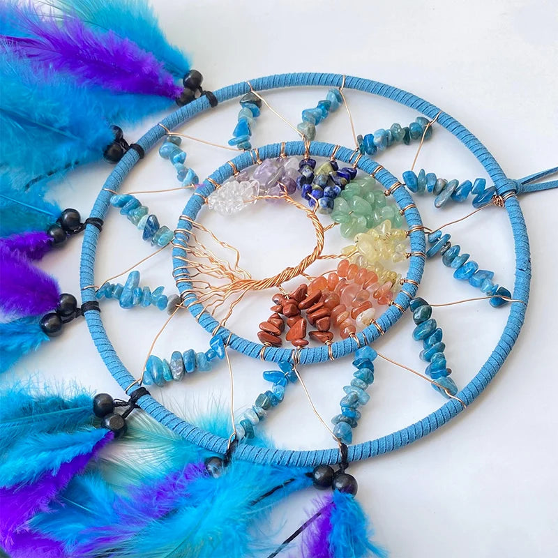 Chakra Dream Catcher Tree Of Life Crystal Hand Woven Feathers Wind Chimes Wall Hangings Spiritual Protection Connection to Ancestral Plane.