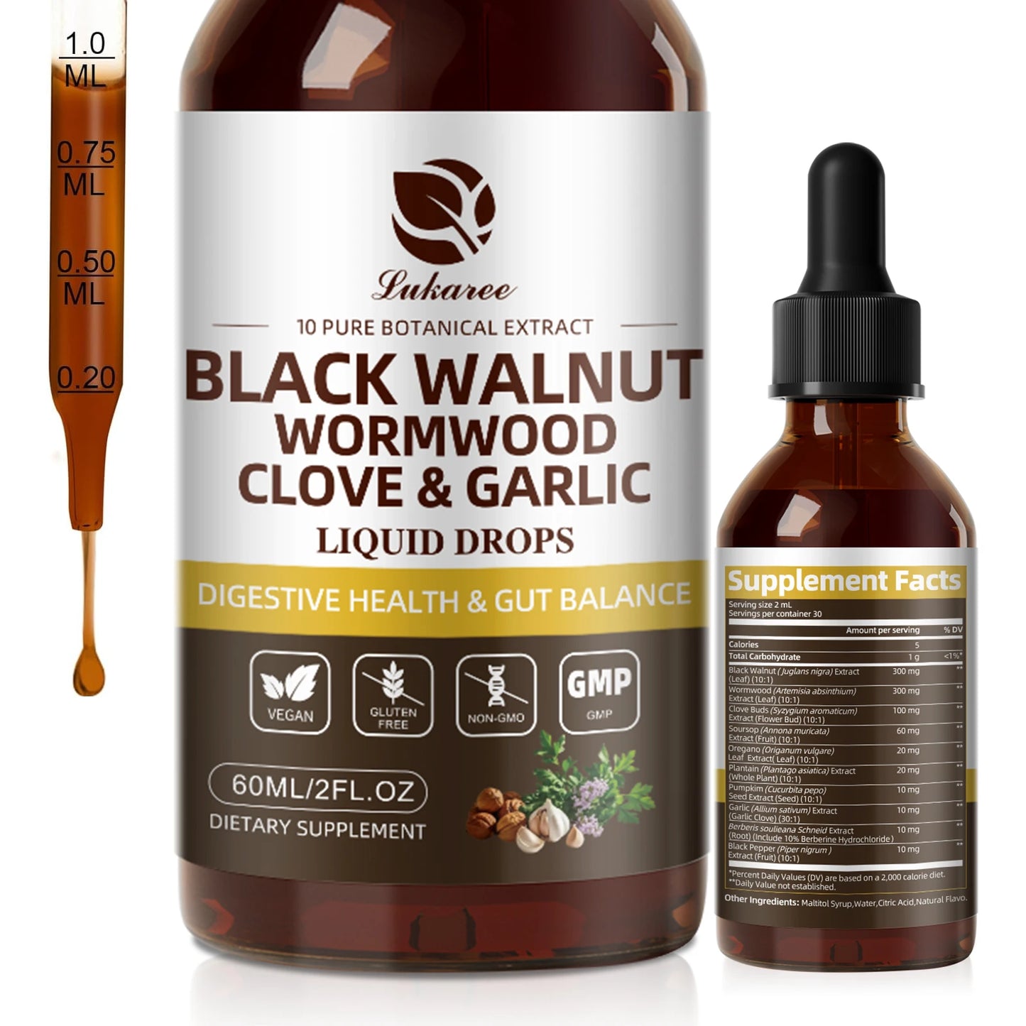 Black Walnut Wormwood Liquid Drop,Rapid Parasite Cleanse & Digestive Health Virus Fighter with Clove Garlic Turmeric 98% Absorption,Vegan Gluten-Free