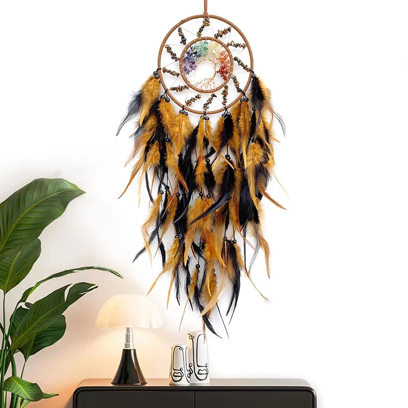 Chakra Dream Catcher Tree Of Life Crystal Hand Woven Feathers Wind Chimes Wall Hangings Spiritual Protection Connection to Ancestral Plane.