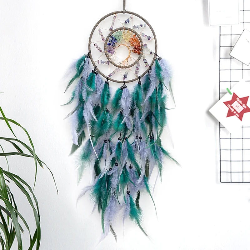 Chakra Dream Catcher Tree Of Life Crystal Hand Woven Feathers Wind Chimes Wall Hangings Spiritual Protection Connection to Ancestral Plane.