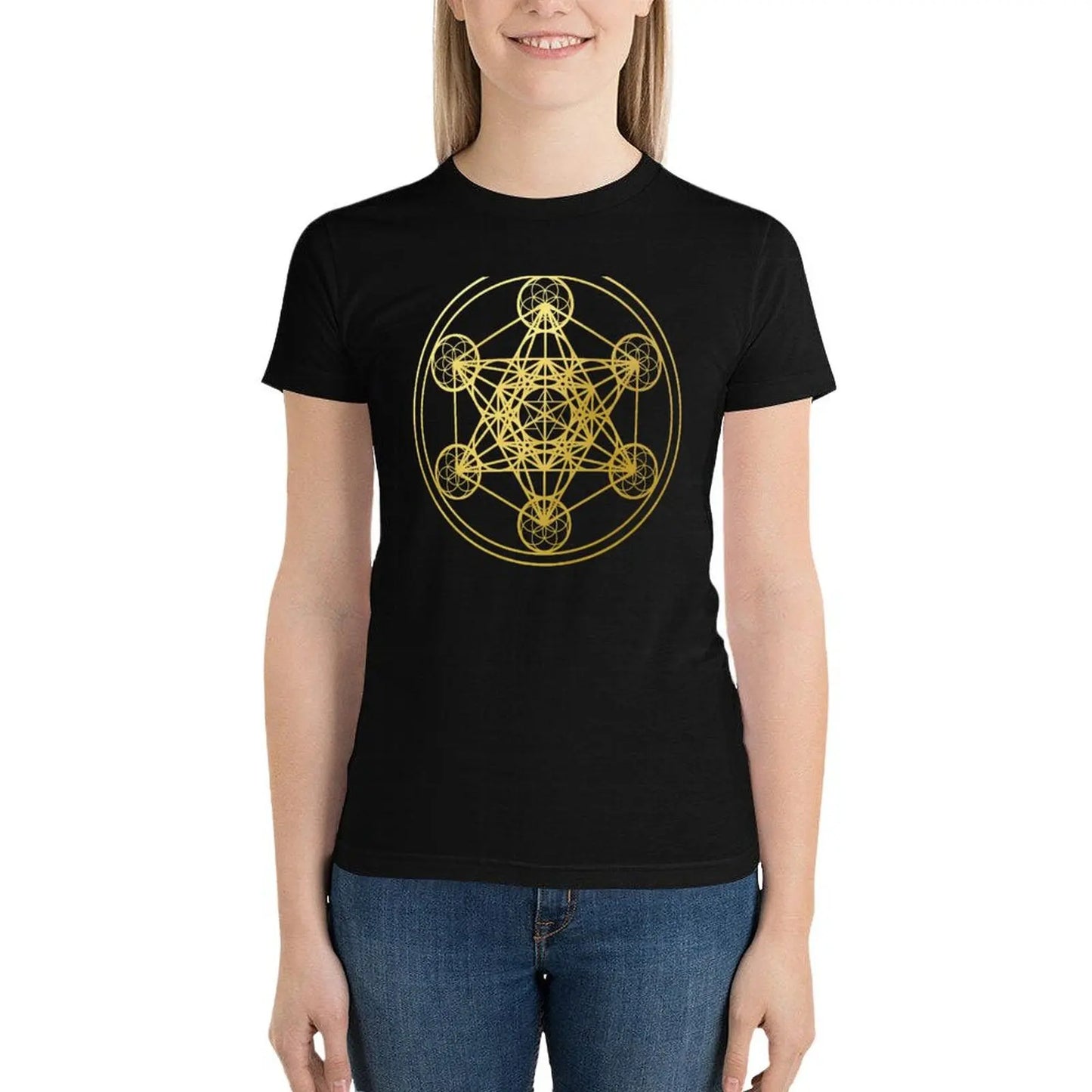 Metatrons Cube gold sacred geometry mandala esoteric symbol Kabbalah T-Shirt customizeds vintage Women t-shirts