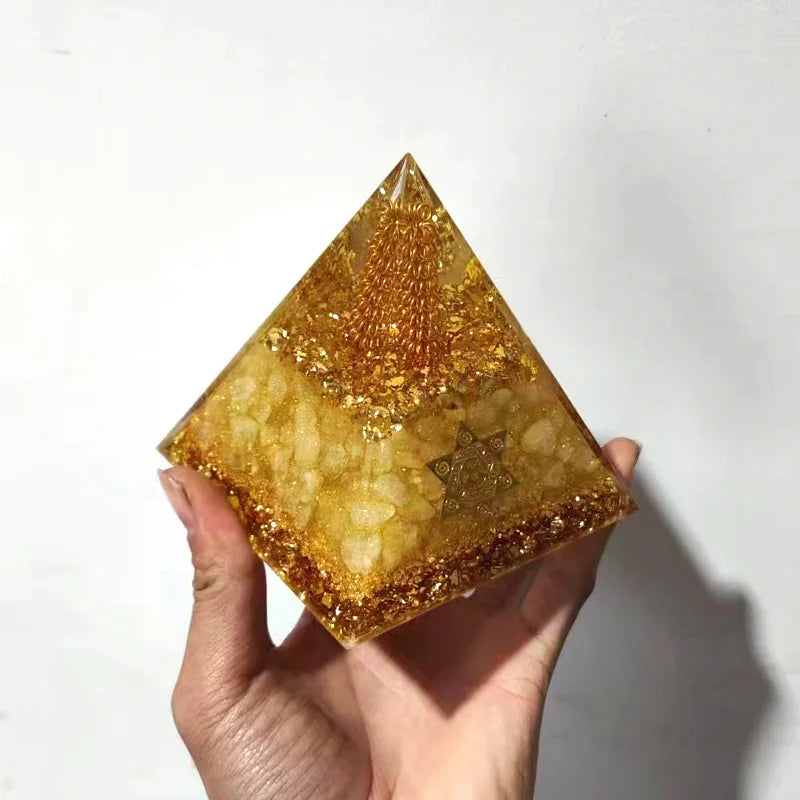 Citrine Energy Resin Zodiac Pyramid Gold Suction Natural Crystal Orgonite Great For Manifesting Laws of Attraction Removes Negative Energy.