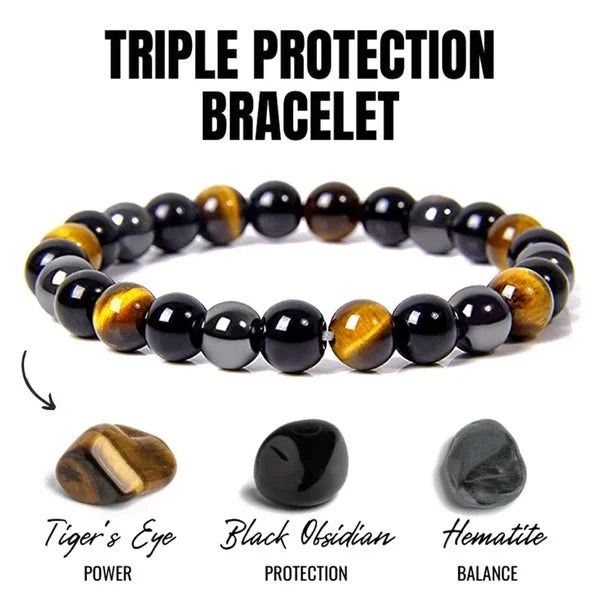 Magnetic Hematite Tiger Eye Obisidian Bracelet Triple Protection Stainless Steel Bracelet