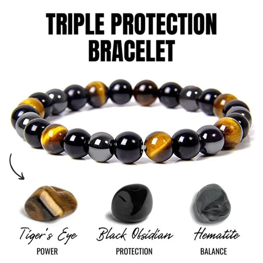 Magnetic Hematite Tiger Eye Obisidian Bracelet Triple Protection Stainless Steel Bracelet