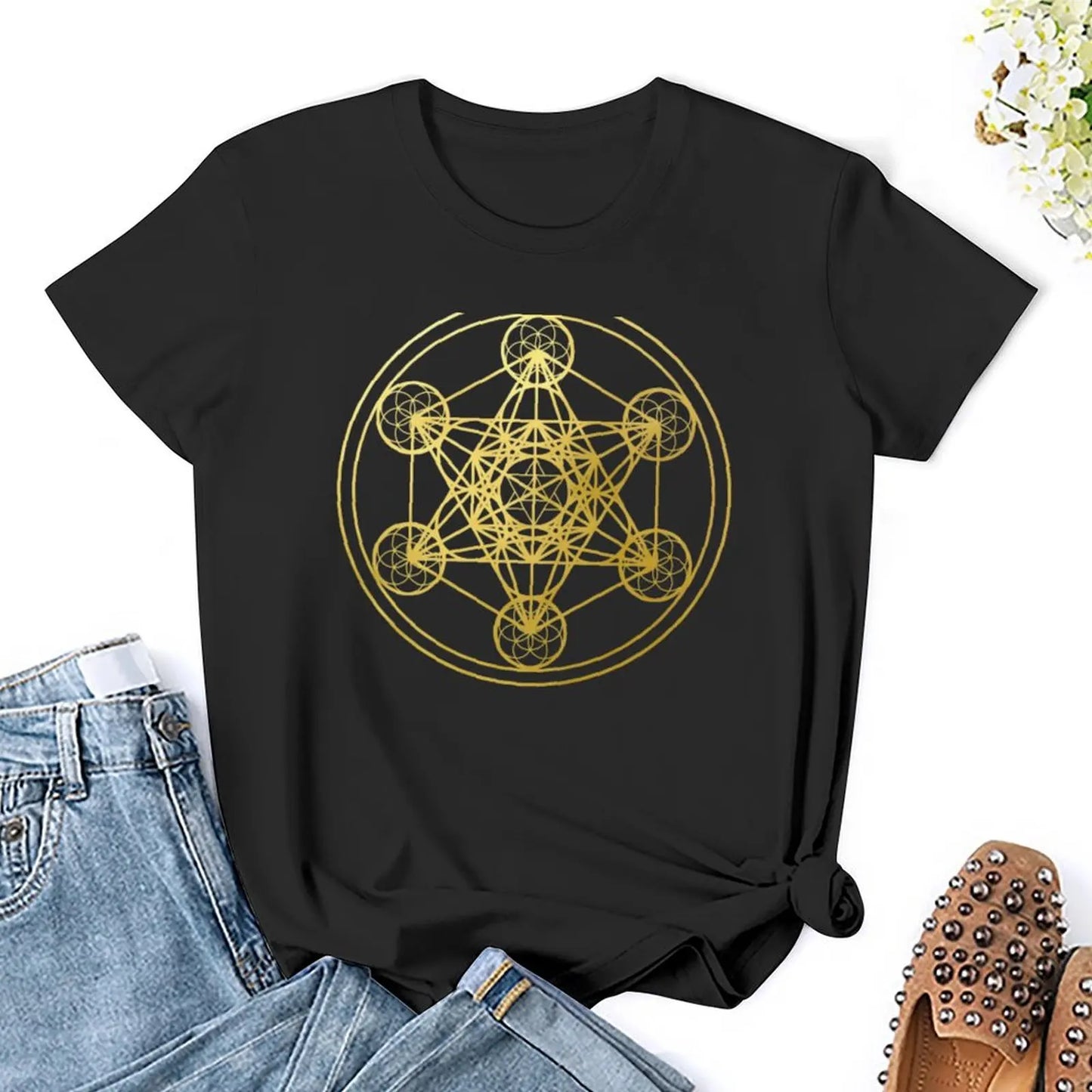 Metatrons Cube gold sacred geometry mandala esoteric symbol Kabbalah T-Shirt customizeds vintage Women t-shirts