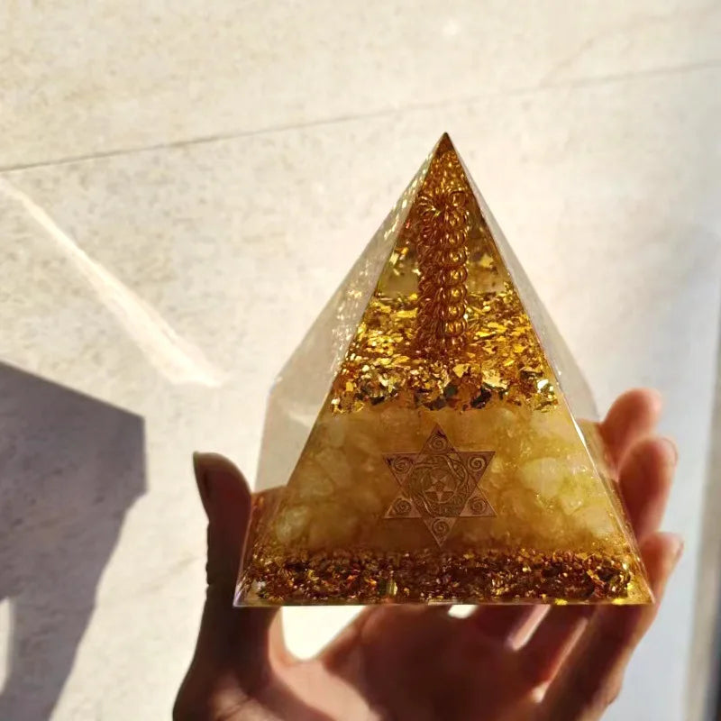Citrine Energy Resin Zodiac Pyramid Gold Suction Natural Crystal Orgonite Great For Manifesting Laws of Attraction Removes Negative Energy.