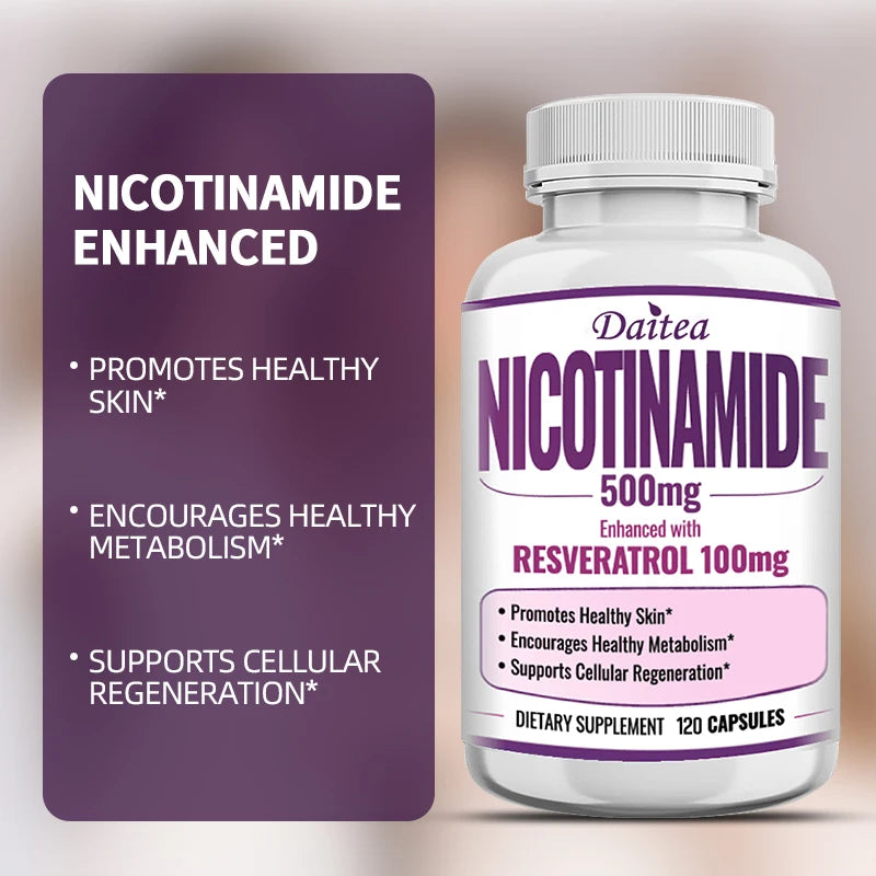 Daitea Vitamin B3 Niacinamide Resveratrol Supplement Capsules, Benefits Skin Health, NAD, Energy, Metabolism