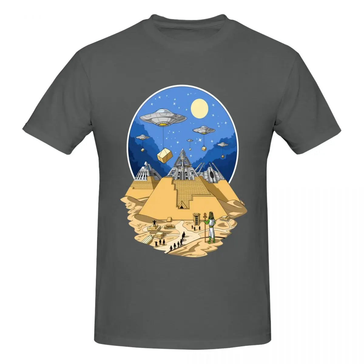 Aliens Building Kemetic Pyramids T Shirts Casual Sleeve Crew Neck Cosmic Esoteric Clothing.