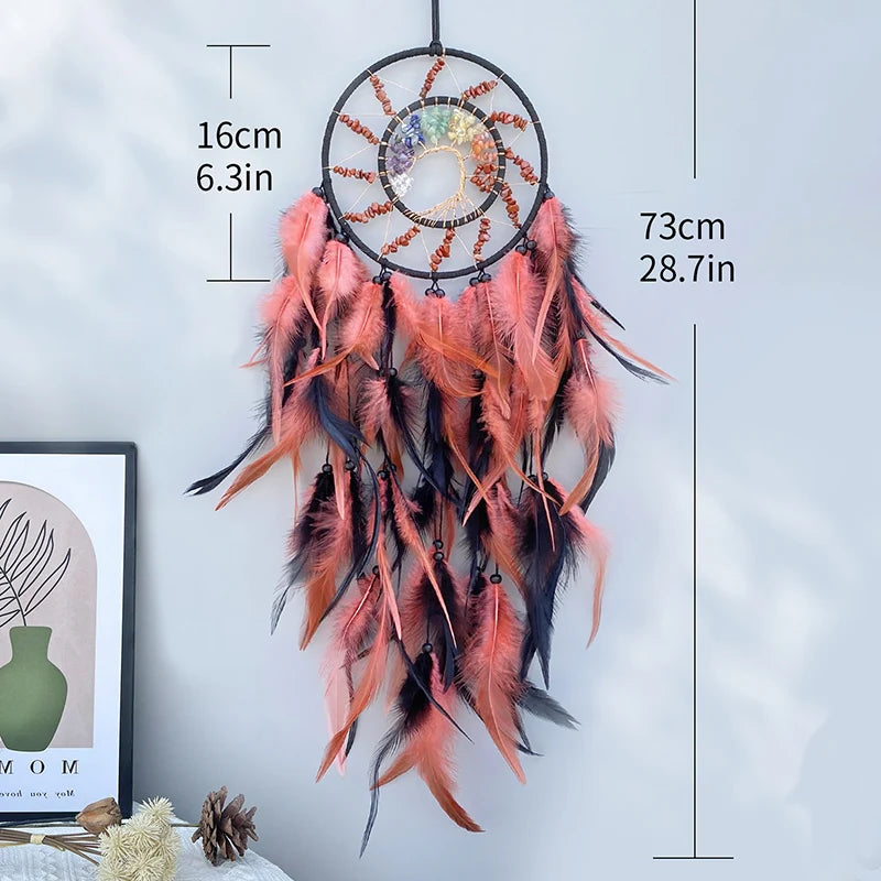 Chakra Dream Catcher Tree Of Life Crystal Hand Woven Feathers Wind Chimes Wall Hangings Spiritual Protection Connection to Ancestral Plane.