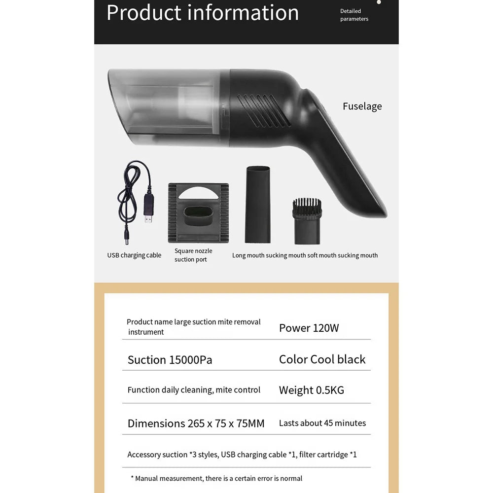 Electric Portabal Dust Mite Remover Wireless Vacuum Cleaner & Handheld UV 15000 Also Great For Pet Fur & Car.