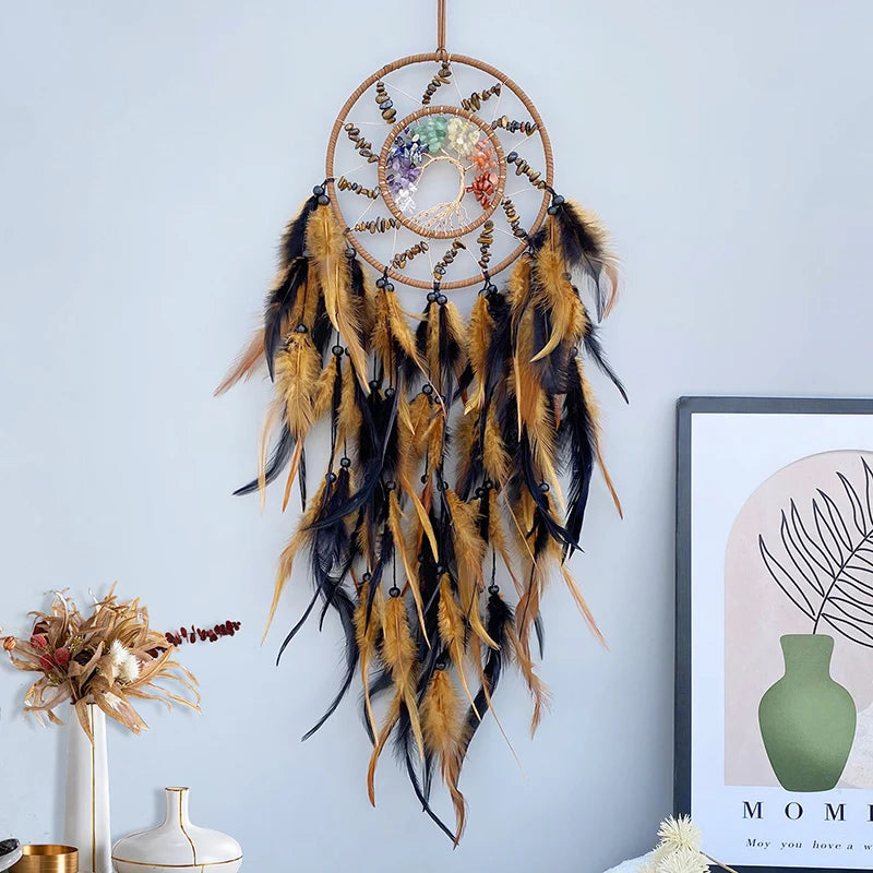 Chakra Dream Catcher Tree Of Life Crystal Hand Woven Feathers Wind Chimes Wall Hangings Spiritual Protection Connection to Ancestral Plane.