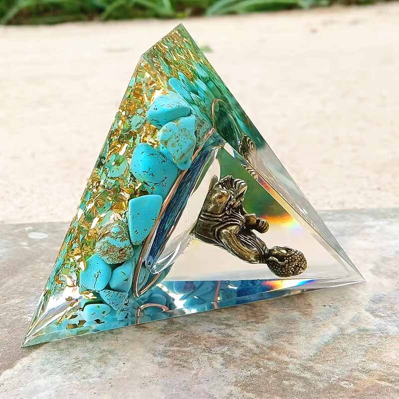 Handmade Blue Turquoise Buddha Orgone Pyramid Crystal Healing Orgonite 60mm Obsidian Rubble Pyramid Include Gift Box