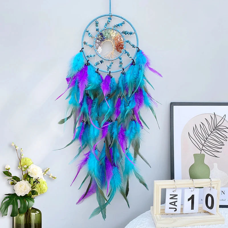 Chakra Dream Catcher Tree Of Life Crystal Hand Woven Feathers Wind Chimes Wall Hangings Spiritual Protection Connection to Ancestral Plane.