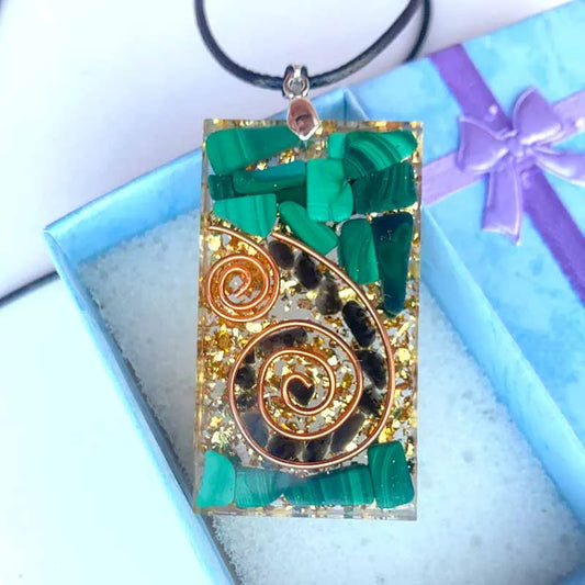 Handmade Orgone Pendant Necklace Black Tourmaline Malachite Crystal Stone Copper Energy EMF Protection Healing Orgonite Jewelry