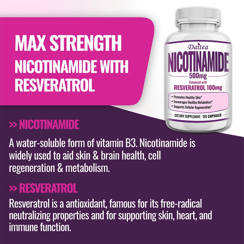 Daitea Vitamin B3 Niacinamide Resveratrol Supplement Capsules, Benefits Skin Health, NAD, Energy, Metabolism