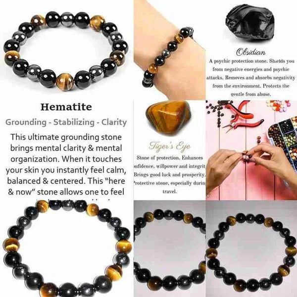 Magnetic Hematite Tiger Eye Obisidian Bracelet Triple Protection Stainless Steel Bracelet