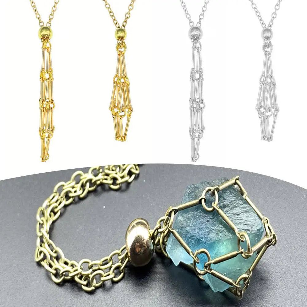 Alloy Design Crystal Cage Necklace Holder Jewelry Metal Adjustable Stone Pendant Net Chain Collecting.