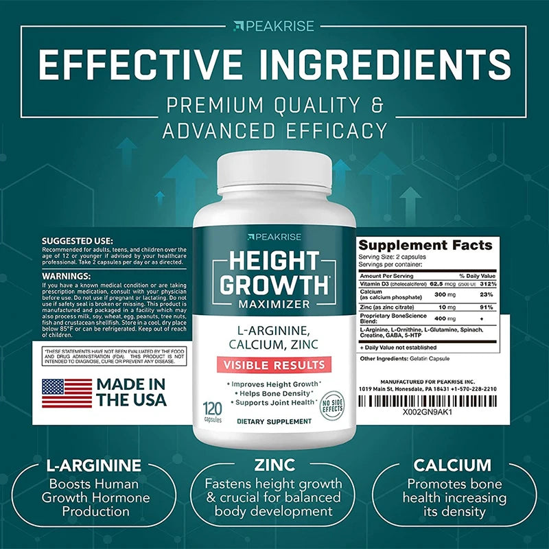 Calcium, Vitamin D3, Zinc, Promotes Bone Growth and Health, Natural Height Increase, Supplement Bone Length, Strength