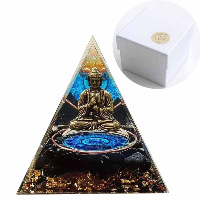 Handmade Blue Turquoise Buddha Orgone Pyramid Crystal Healing Orgonite 60mm Obsidian Rubble Pyramid Include Gift Box