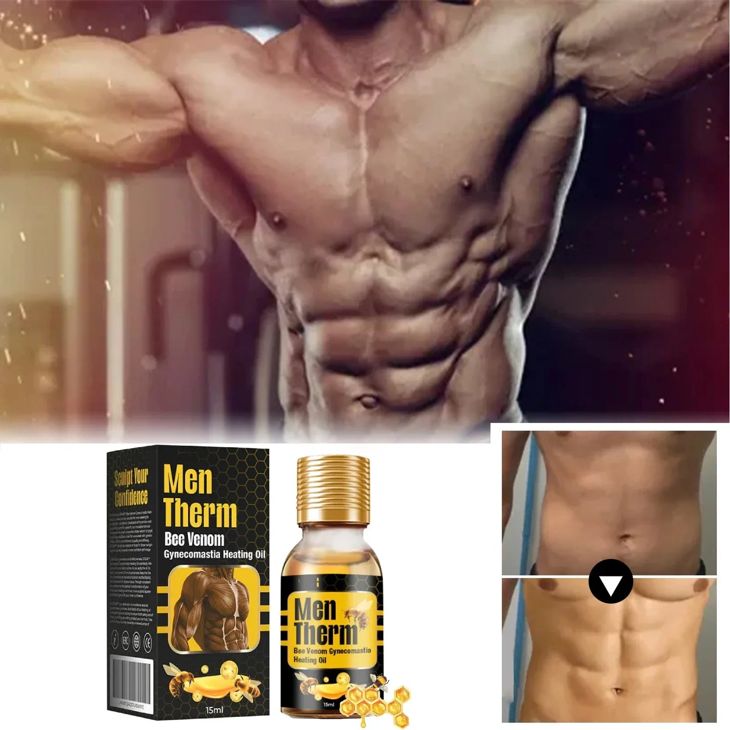 Bee Venom Gynecomastia Heating Oil Tightens Skin Burns Fat & Reveals 6 Pack.