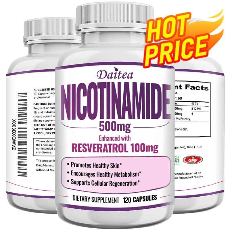 Daitea Vitamin B3 Niacinamide Resveratrol Supplement Capsules, Benefits Skin Health, NAD, Energy, Metabolism