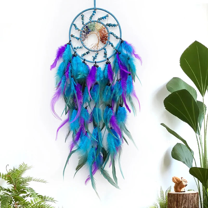 Chakra Dream Catcher Tree Of Life Crystal Hand Woven Feathers Wind Chimes Wall Hangings Spiritual Protection Connection to Ancestral Plane.