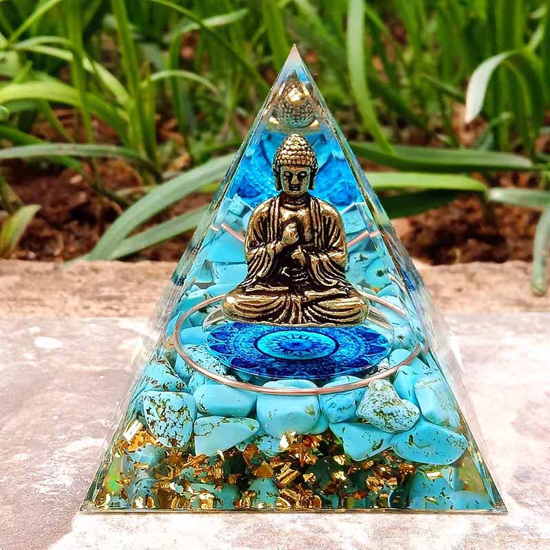 Handmade Blue Turquoise Buddha Orgone Pyramid Crystal Healing Orgonite 60mm Obsidian Rubble Pyramid Include Gift Box