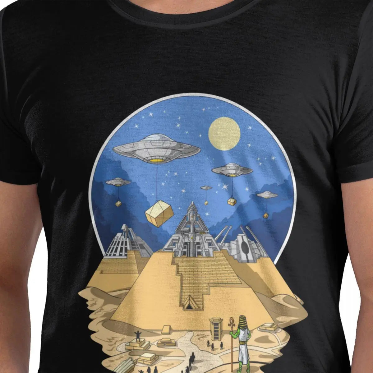 Aliens Building Kemetic Pyramids T Shirts Casual Sleeve Crew Neck Cosmic Esoteric Clothing.