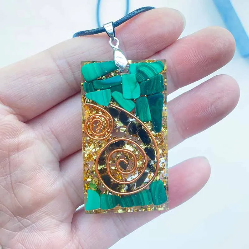 Handmade Orgone Pendant Necklace Black Tourmaline Malachite Crystal Stone Copper Energy EMF Protection Healing Orgonite Jewelry