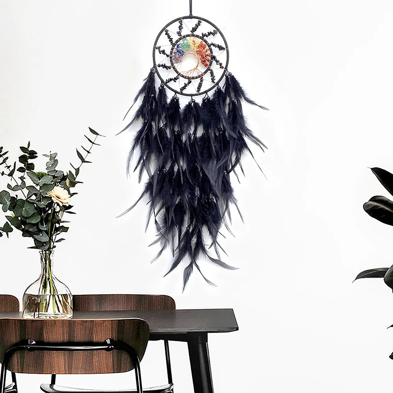 Chakra Dream Catcher Tree Of Life Crystal Hand Woven Feathers Wind Chimes Wall Hangings Spiritual Protection Connection to Ancestral Plane.