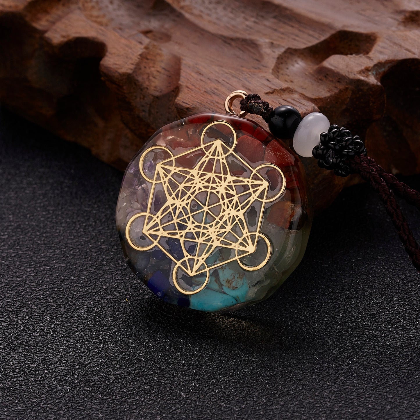 Geometric Pattern Chakras Orgonite Natural Stone Pendant Rope Chain Healing Energy Necklace For Women Men Meditation Jewelry