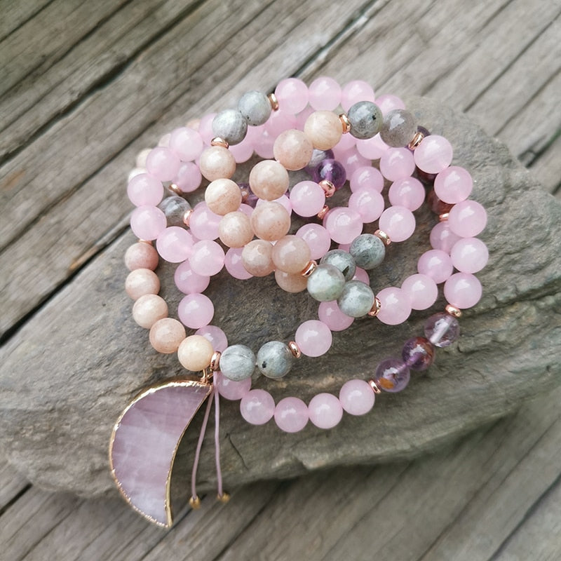 8mm Natural Stone Beads,Labradorite,Rose Quartz,Moon,JapaMala Sets,Spiritual Jewelry,Meditation,Inspirational,108 Mala Beads