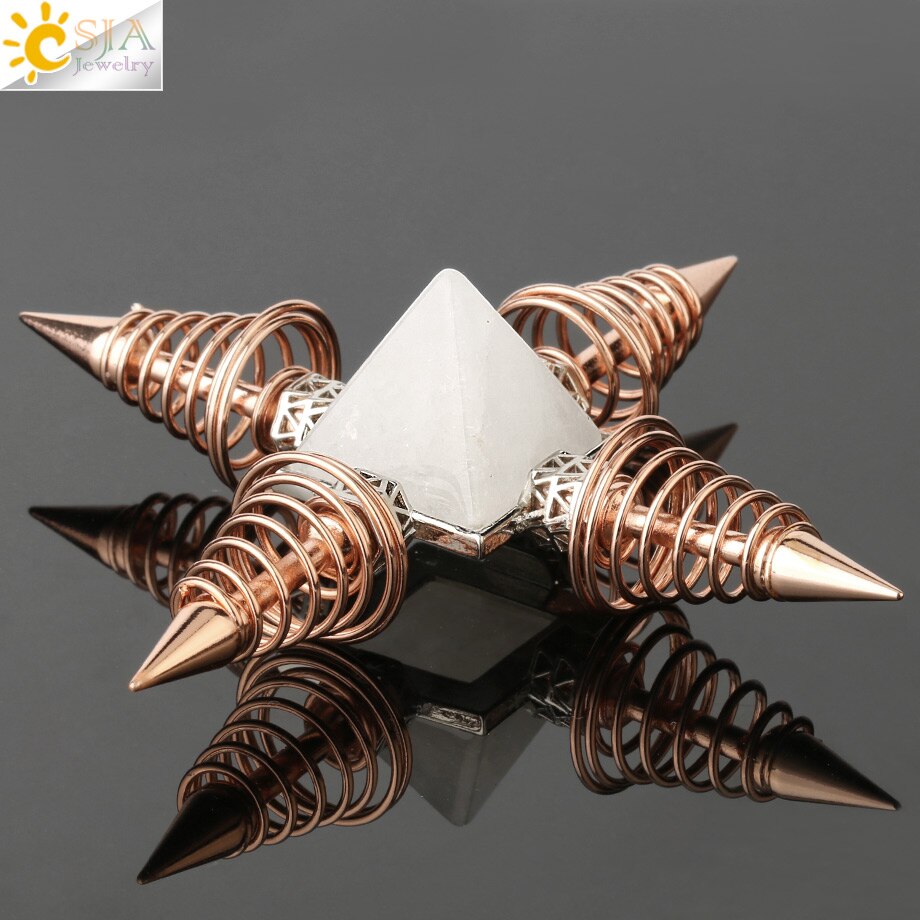 CSJA Natural Stones Pyramid Decoration 4 Points Spring Cone Pendulums Energy Healing Spiritual Meditation Women Men Jewelry G316