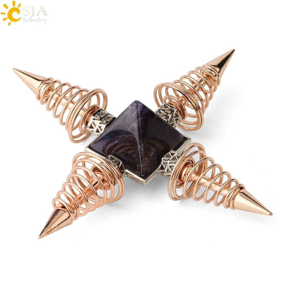 CSJA Natural Stones Pyramid Decoration 4 Points Spring Cone Pendulums Energy Healing Spiritual Meditation Women Men Jewelry G316